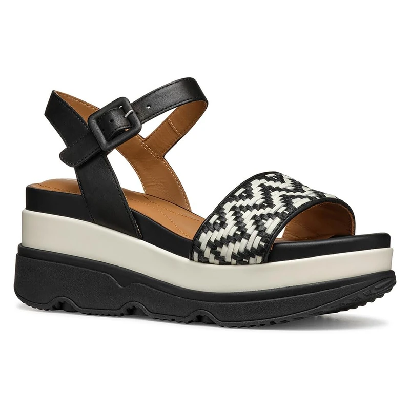 Geox Women's D Gardenia A Wedge Sandal, Black/Papyrus, 5.5 UK
