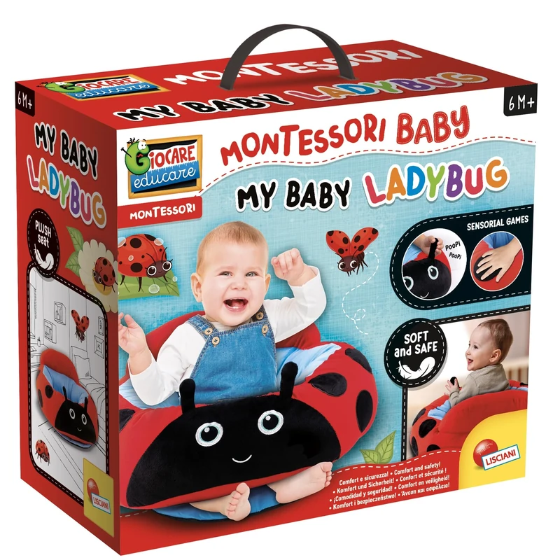 Lisciani - MONTESSORI BABY - My Baby Ladybug - Soft & Interactive Plush from 6 Months - Educational and Sensory Toy for Babies - Different Materials & Colours - Fine Motor Play