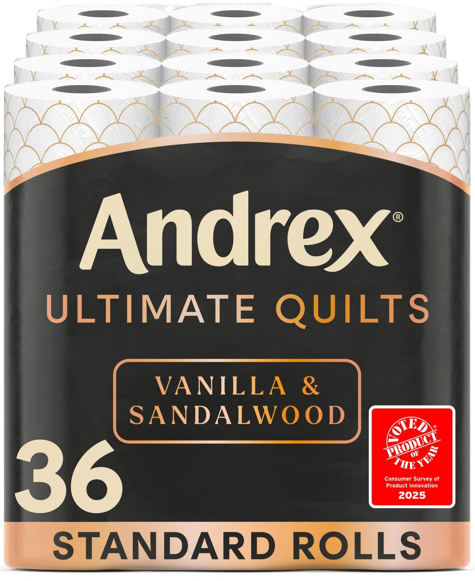 Andrex Ultimate Quilts Toilet Tissue 36 Rolls with Vanilla and Sandalwood Fragrance, Air Pocket Technology for Soft, Thick Sheets - Bulk Pack of 36 Quilted Toilet Rolls, FSC Certified