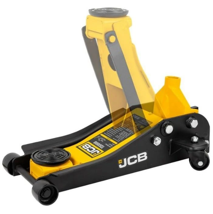 JCB 2.5 Tonne Low-Profile Hydraulic Trolley Jack, Steel construction, Lift vehicles with up to 455mm of lift height, including SUVs, cars, and light commercial vehicles.