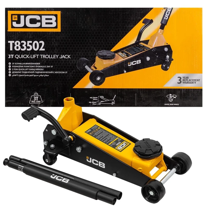 JCB 3-Tonne Hydraulic Trolley Jack, 145-500mm Lift Height, Steel Frame