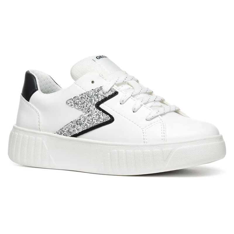 Geox Girls J Mikiroshi Sneaker, White Silver, 4.5 UK