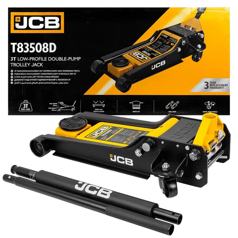 JCB Hydraulic Trolley Jack, 3 Tonnes Capacity, 98-535mm Lift Height, Yellow/Black