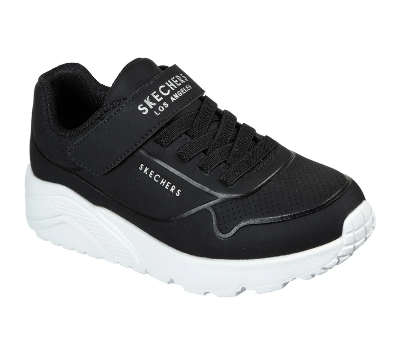 Skechers Boy's Uno Retro-Groove Sneakers, Black Synthetic/Black Textile/White Trim, 4 UK Child