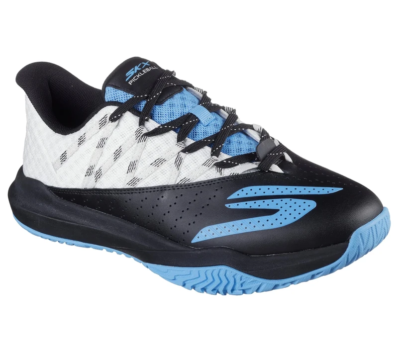 Skechers Men's Viper Court Rally Pickleball-Shoes, White Leather/Black Leather/Blue Mesh, 7 UK