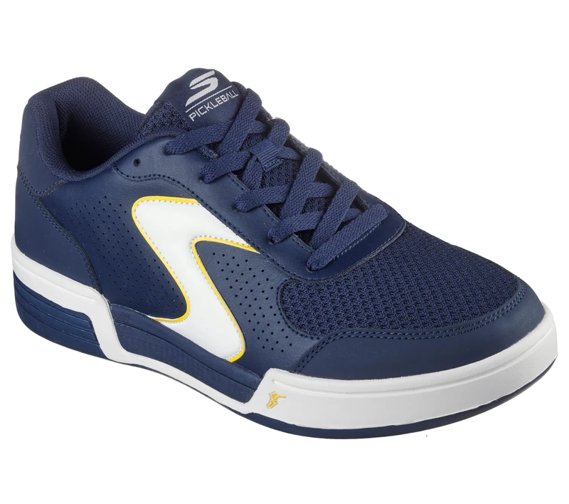 Skechers Men's Viper Court Classic Sneaker, Navy Leather/Synthetic/Textile/Yellow Trim, 8 UK