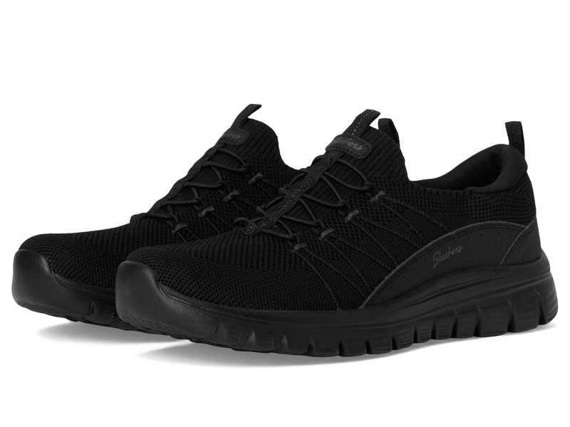 Skechers Women's Graceful Picture Perfect Sneaker, Black Knit/Duraleather, 4.5 UK