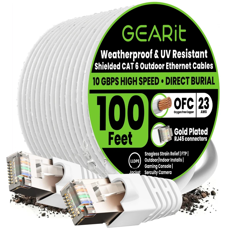 GEARit Cat6 Outdoor Ethernet Cable (100ft) 23AWG Pure Copper, FTP, LLDPE, Waterproof, Direct Burial, In-Ground, UV Resistant, POE, Network, LAN, Internet, Cat 6, Cat6 Cable - 100 Feet