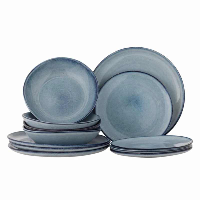 Bloomingville Sandrine 82068305 12-Piece Stoneware Tableware Set, Blue - Plates & Bowls, Scandinavian