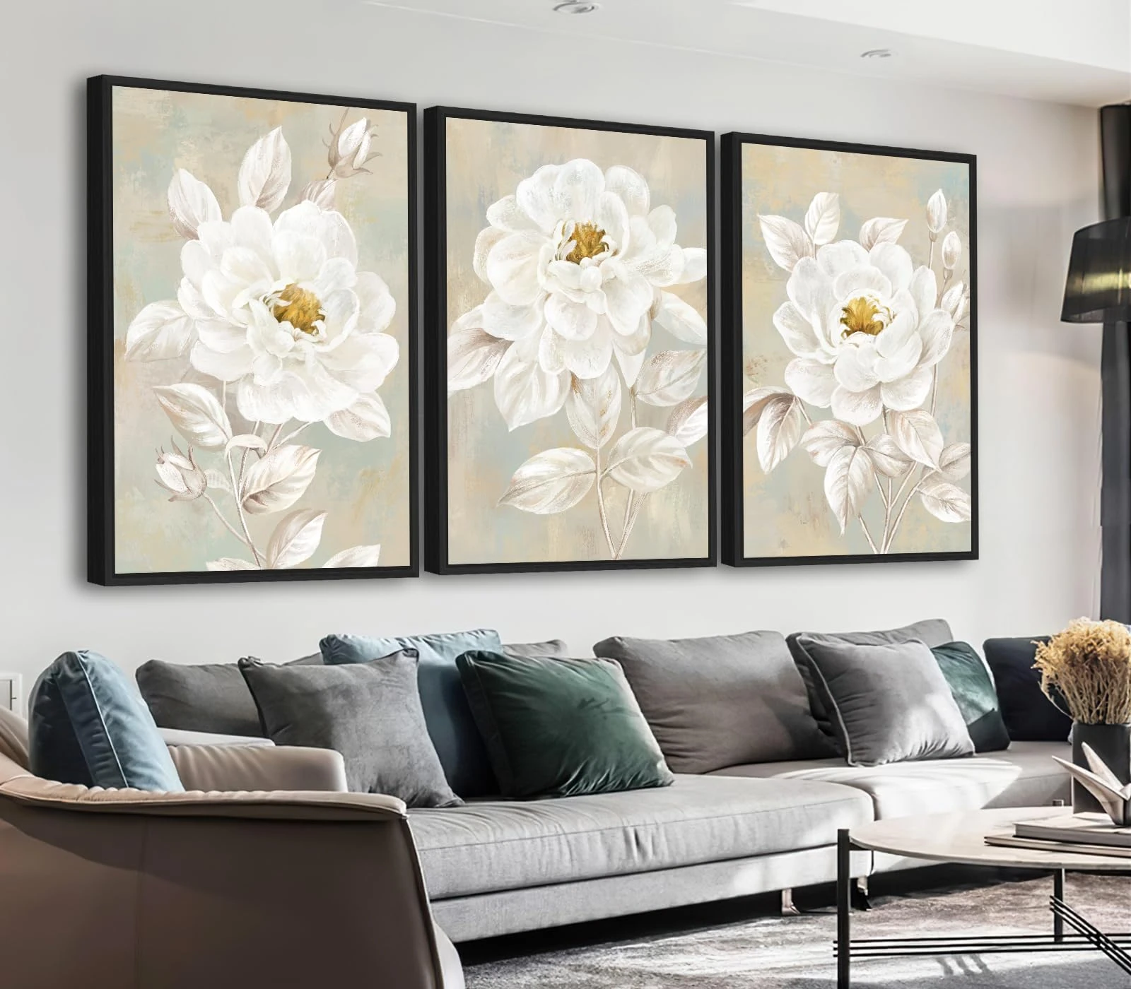 ASDCEUTICALS Floral Canvas Wall Art - Framed White Blossoms Wall Decor, Elegant Flowers Paintings, Subtle Beige Aesthetic Pictures for Living Room Bedroom Office Bathroom 24" X 36" X 3 Pcs