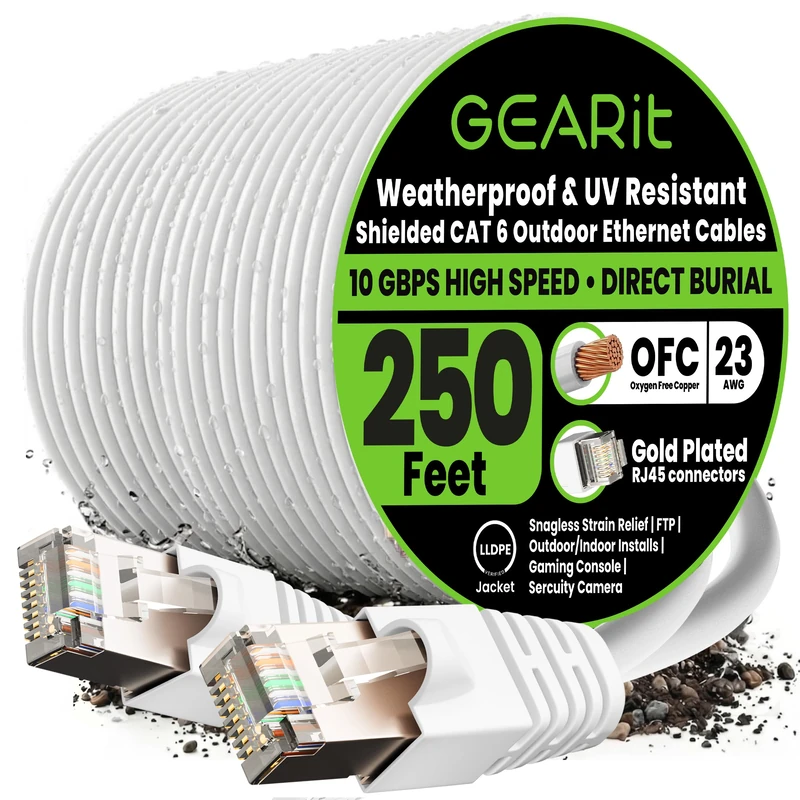 GEARit Cat6 Outdoor Ethernet Cable (250ft) 23AWG Pure Copper, FTP, LLDPE, Waterproof, Direct Burial, In-Ground, UV Resistant, POE, Network, LAN, Internet, Cat 6, Cat6 Cable - 250 Feet