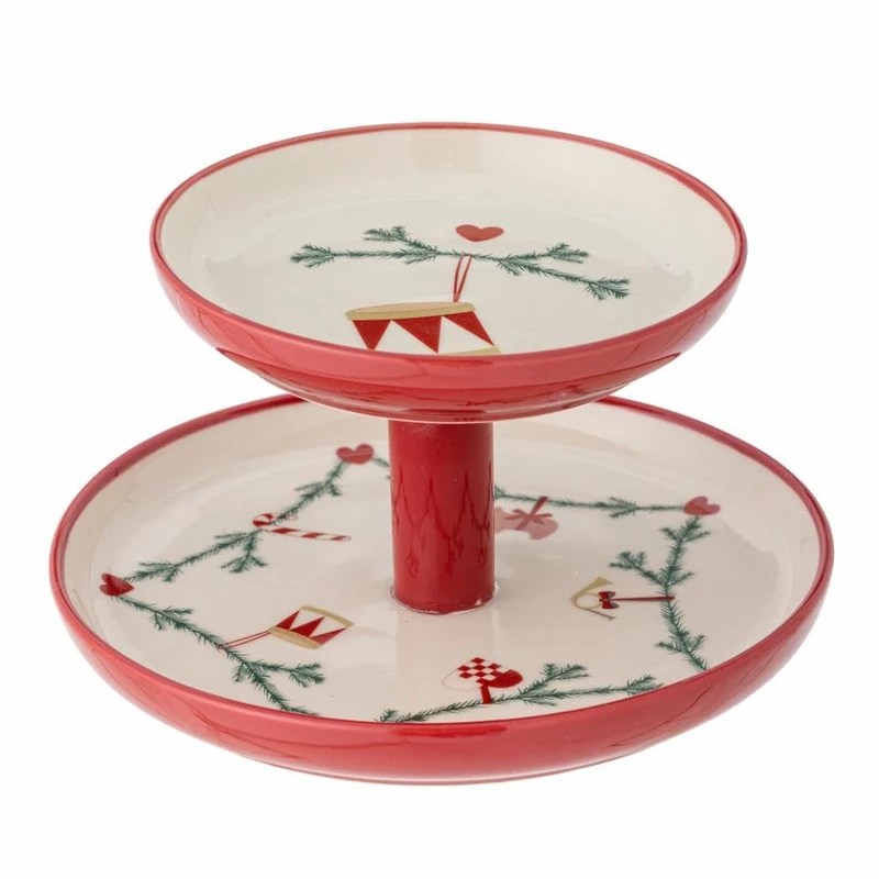 Bloomingville Yule Stoneware Cake Stand with Classic Christmas Motifs Height 13 cm Diameter 22 cm Natural