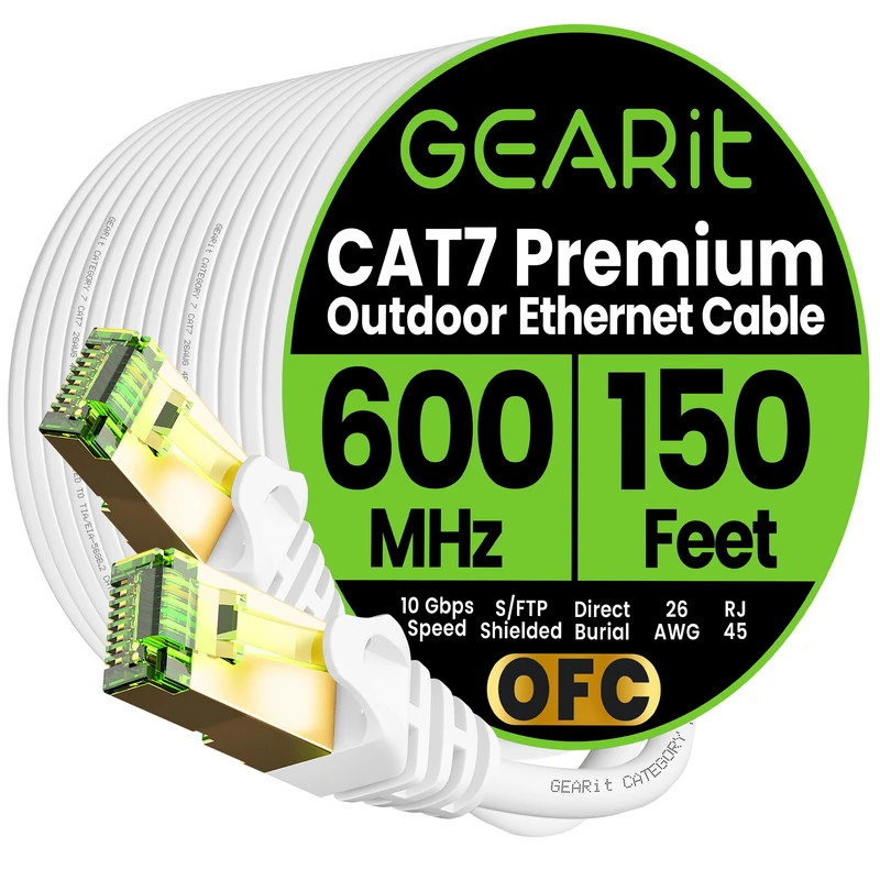 GEARit Cat7 Outdoor Ethernet Cable (150ft) SFTP Shielded Foil Twisted Pair, Pure Copper, LLDPE, Waterproof, Direct Burial, In-Ground, UV Resistant, POE, Network, LAN, Internet, Cat 7-150 Feet