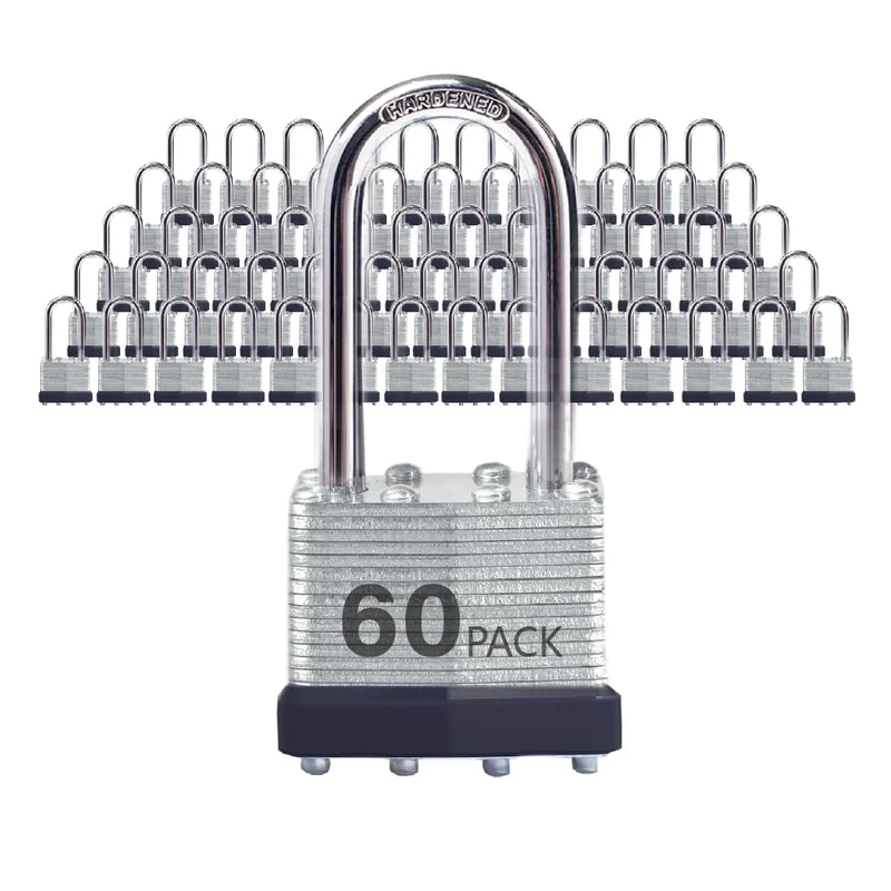 XanHen Locks Laminated Steel Keyed Padlocks Keyed Alike Locks Bulk, Long Shackle Padlocks, Pack of 60 for Hasp Latch, Sheds, Fences, Storage Locker, School, Gym