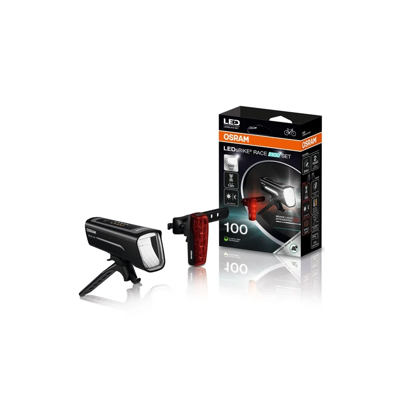 OSRAM LEDsBIKE RACE 100 SET, rechargeable bike light set, StVZO approved front and rear LED light set with brake light, multiple lighting modes, three brightness levels, 100 lux
