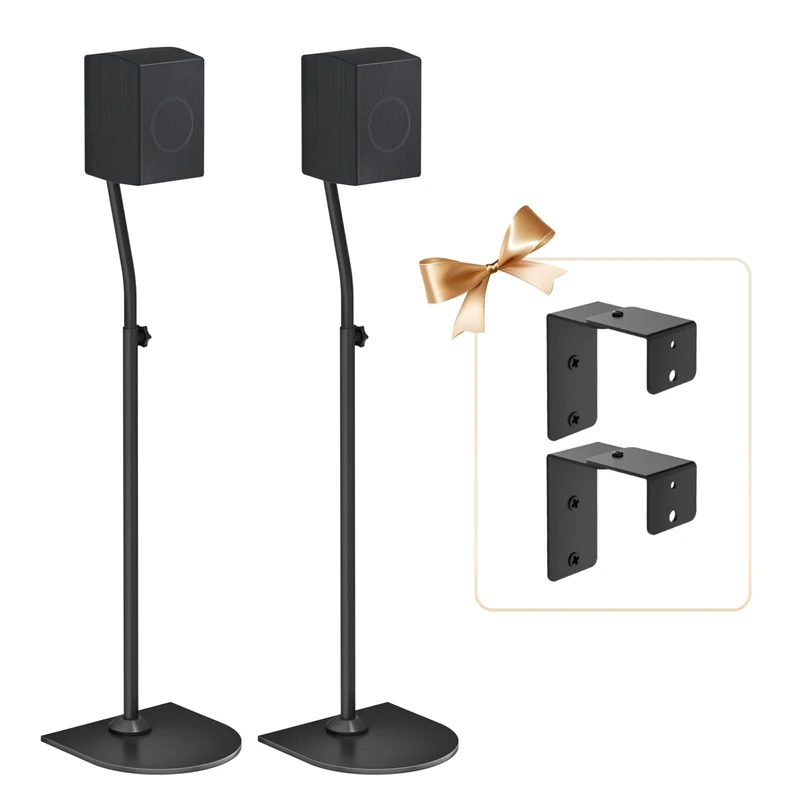 Tiebutie Black Steel Speaker Stands Pair for Samsung Q Series Satellite Speakers with Keyhole or Thread Hole - Height Adjustable Surround Sound Floor Stand with Wall Mount