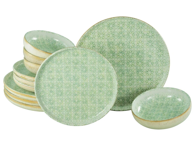 CreaTable, 24085, Serie Uno Emiliana Grün, 12-Piece Geschirrset für 4 Personen, Teller Set aus Steinzeug, spülmaschinen- und mikrowellengeeignet, Made in Portugal