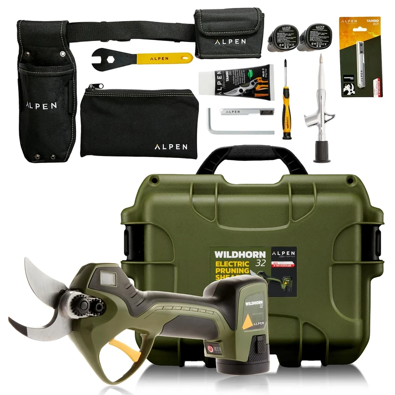 Alpen Wildhorn 32 Electronic Pruning Kit Lithium Ion Battery Cordless 12 Hours Battery Life 3 Batteries 3 Way Simultaneous Charge Swiss Made Felco Cutting Head High Speed Steel Blade Storage Case