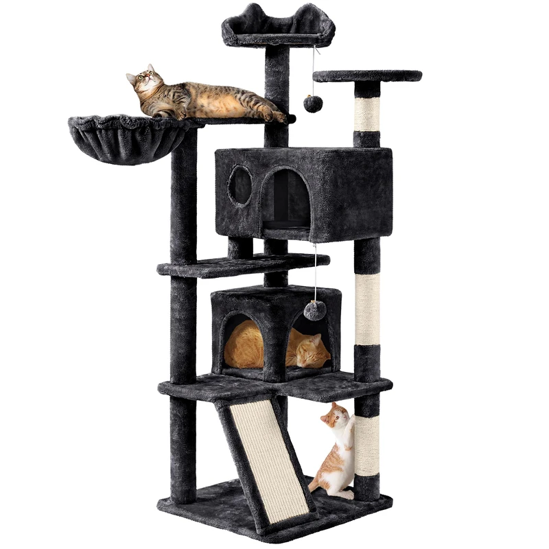 Yaheetech Cat Tree, 144.5cm Multi-level Cats Climbing Tower w/Sisal Scratching Posts/2 Condos＆Dangling Balls,Kitten Activity Centre Pet Play House, Black