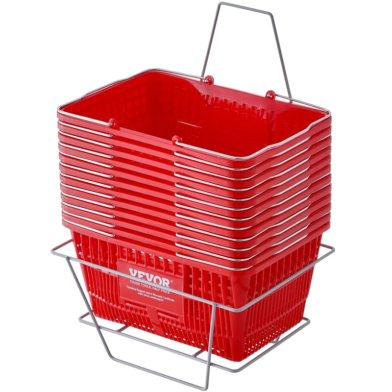 VEVOR Shopping Basket, Set of 12, 21L Durable Plastic Grocery Basket with Metal Handle and Stand, 16.73 x 12.01 x 8.58 inch Portable Shop Basket Used for Retail Store Supermarket Grocery Shopping, Red