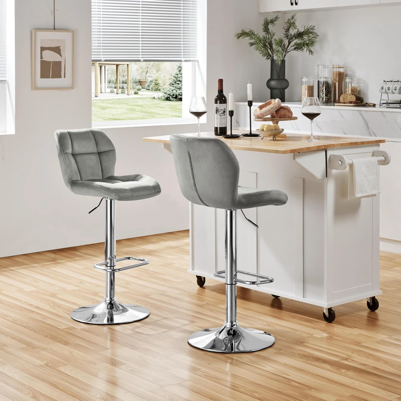 Yaheetech Barstools Set of 2, Velvet Adjustable Counter Stools, Modern Breakfast Bar Stools, Swivel Barstools with Backrest for Home Kitchen, Bar, Restaurant, Light Grey