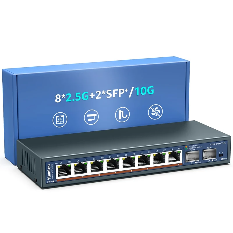 10 Port 2.5G Umanaged Ethernet Switch, 8 x 2.5G Base-T Ports, 2 x 10G SFP, Compatible with 100/1000/2500Mbps, Metal Fanless, Desktop/Wall Mount YuanLey 2.5Gbe Network Switch for Wireless AP, NAS, PC