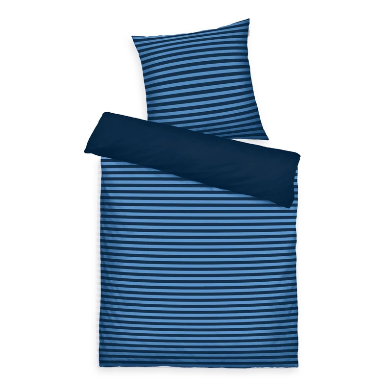 TOM TAILOR Renforcé-Bettwäsche, 65 x 100 cm + 160 x 210 cm, 100% Baumwolle/Renforcé, mit Wendemotiv und farbigem Markenreißverschluss, Medium Stripes Blue (Dark Navy, Cool Blue)