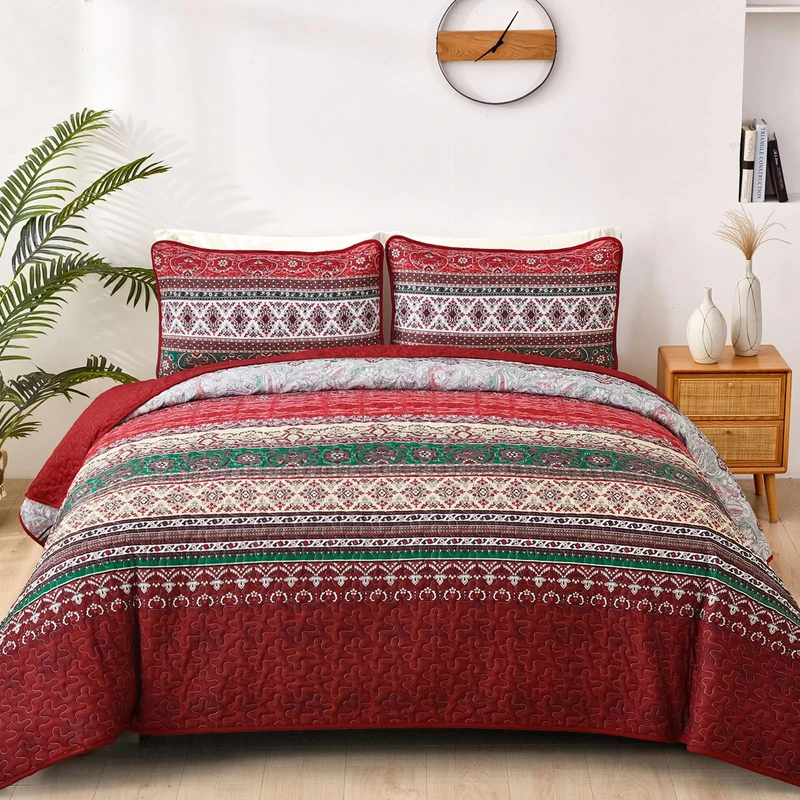 WONGS BEDDING Boho King Quilt Set, Red Bohemian Quilt Bedding Set, Lightweight Bed Decor Bedspread for All Season Reversible Microfiber Coverlet Bedding Set 103"x90"(3 Pieces)