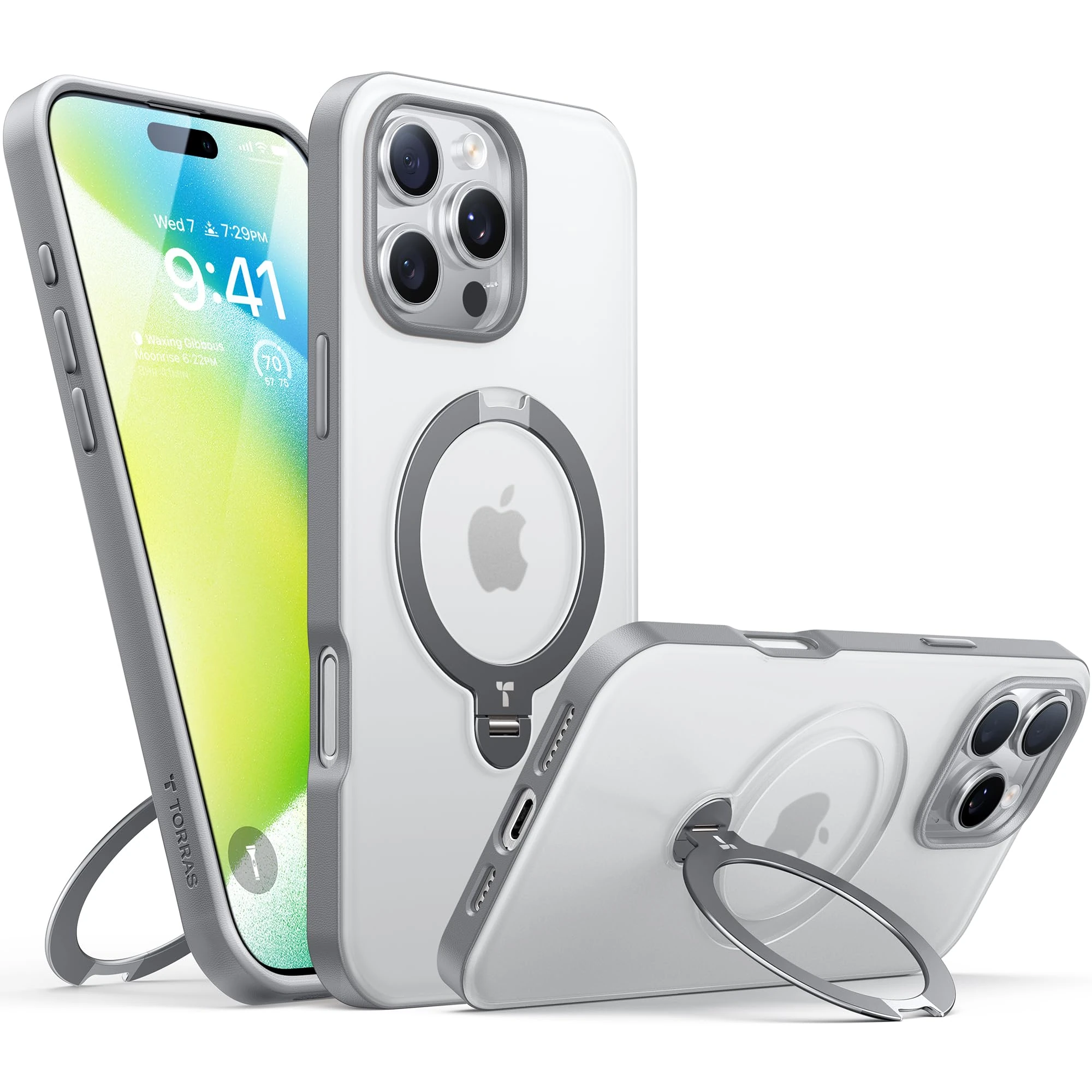 TORRAS 360° Spin Magnetic Stand for iPhone 16 Pro Case, Compatible with Magsafe,12FT Military Grade Shockproof, Slim Protective for iPhone 16 Pro Case Matte Gray