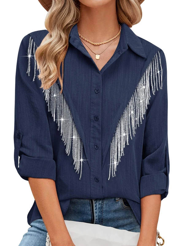 MYMORE Womens Rhinestone Fringe Button Down Shirt Rolled 3/4 Sleeve Sparkly Top Concert Nashville Western Cowgirl Outfit, E_Navy Blue, S