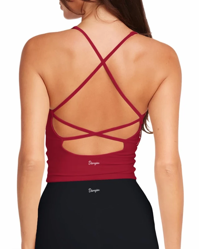 Danysu Sports Bras Women Wireless Seamless Backless Bra Impact Support Workout Tank Tops Removable Pads Yoga Gym Top V Neck Red S