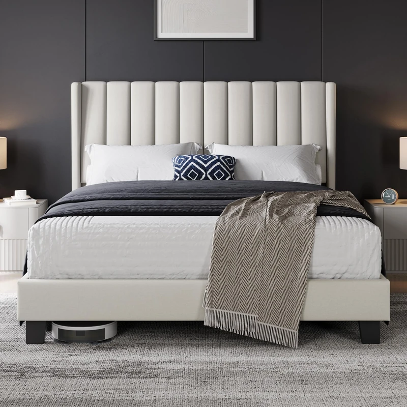 Yaheetech King Bed Frame, Upholstered Platform Bed with Channel Tufted Headboard & Wing Side, Wood Slat Support, Mattress Foundation, No Box Spring Needed, Noise-free, 5ft King Bed Beige