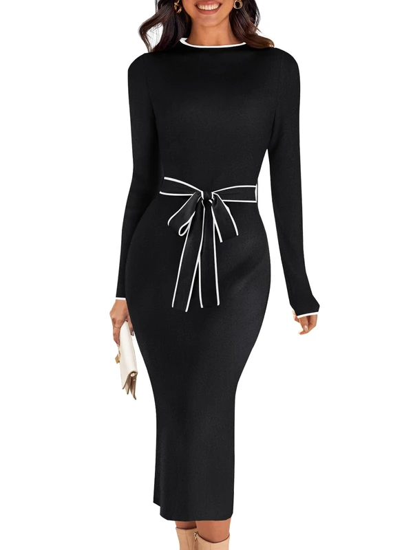 MEROKEETY Women's 2025 Long Sleeve Midi Sweater Dress Fall Mock Neck Color Block Tie Waist Bodycon Knit Dresses, Black, XL