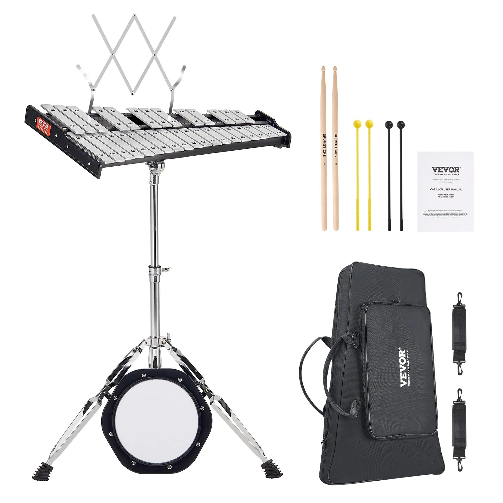 VEVOR 32 Note Glockenspiel Xylophone Bell Kit, Professional Percussion Instrument Set with Mallets, Drum Sticks, Music Stand, 8" Practice Pad, Adjustable Stand and Carrying Bag for Students & Adults