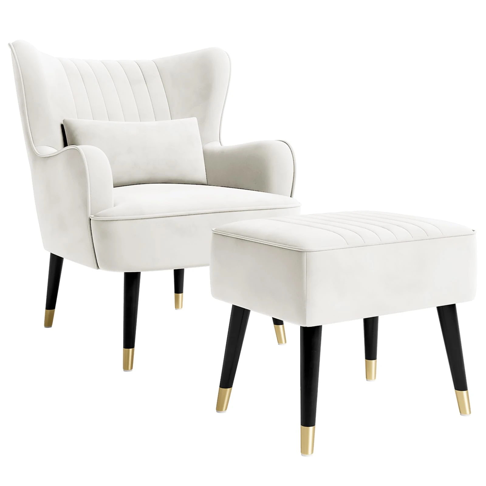 Vesgantti Velvet Armchair with Footstool and Lumbar Pillow, Modern Wing Back Accent Chair with Ottoman, Large Cuddle Chair for Living Room Bedroom Study Room Office(Beige)