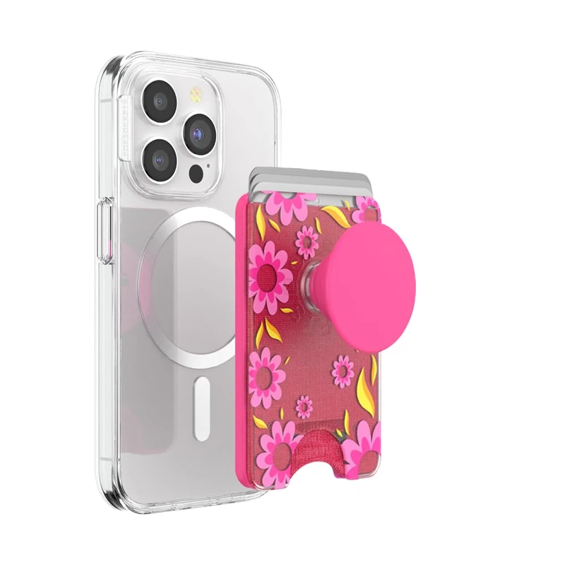PopSockets Phone Wallet with Expanding Grip and Adapter Ring for MagSafe, Phone Card Holder, Wireless Charging Compatible, Wallet Compatible with MagSafe - Pink Relief