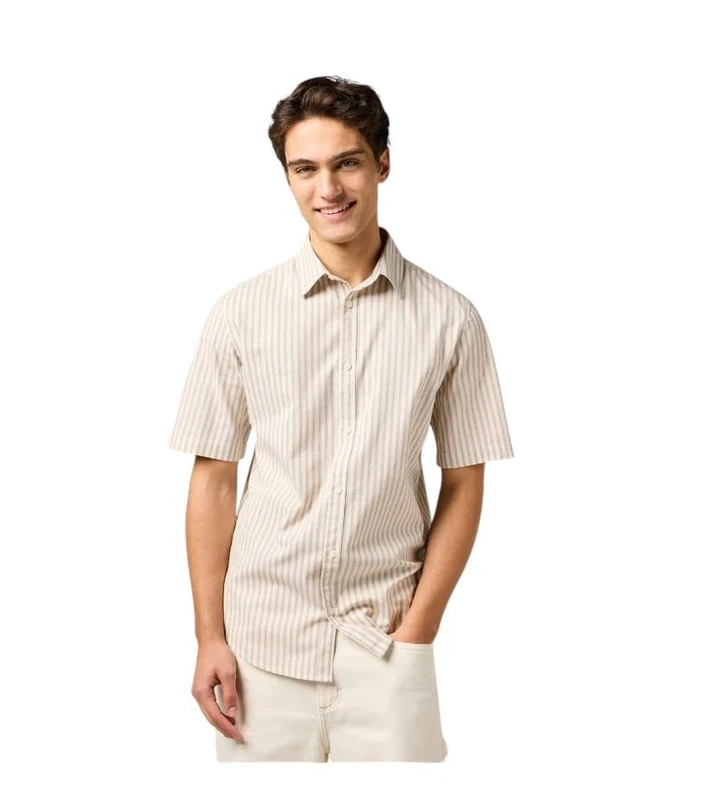 Wrangler Men's Ss Shirt, Tan Stripe, L