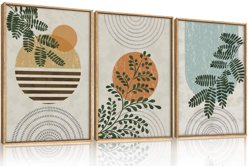 FWIEXA Framed Boho Canvas Wall Art Set, Sage Green Botanical Pictures Wall Decor, Abstract Plants Art Prints, Mid Century Modern Geometric Wall Painting, 3 Panel 16x24 Inches for Living Room, Bedroom