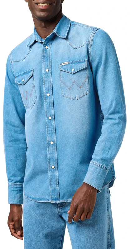 Wrangler Men's Western Shirt, Mid Light Wash, 4XL