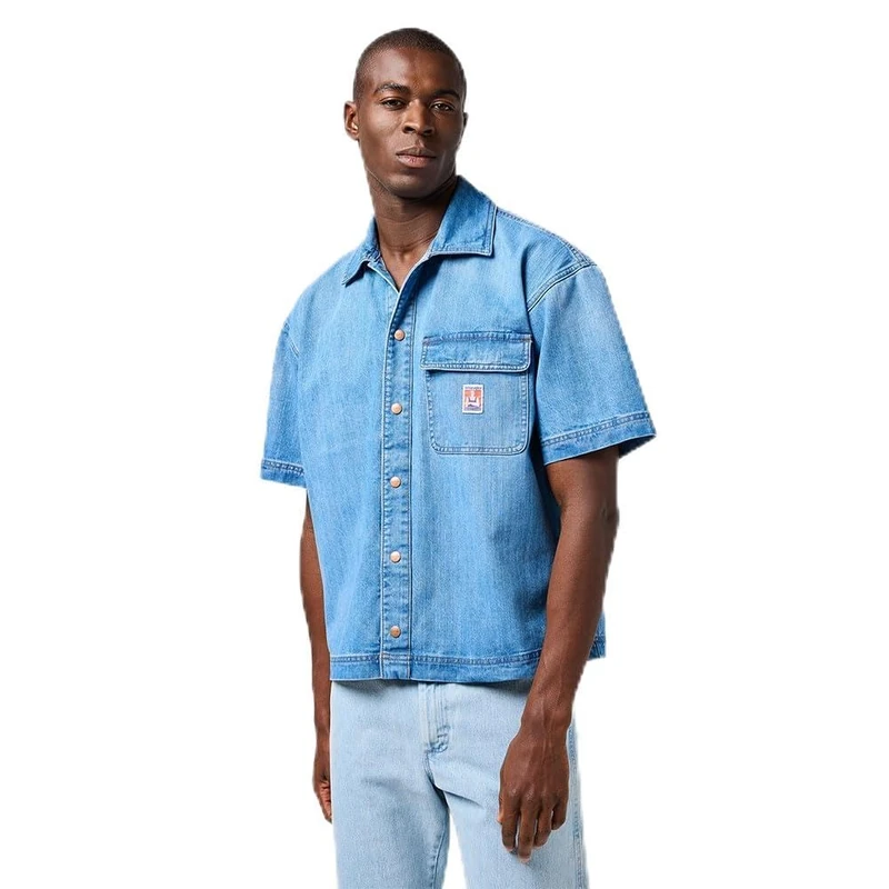 Wrangler Men's SS CJ Overshirt Shirt, Mid Wash, L - Image 1