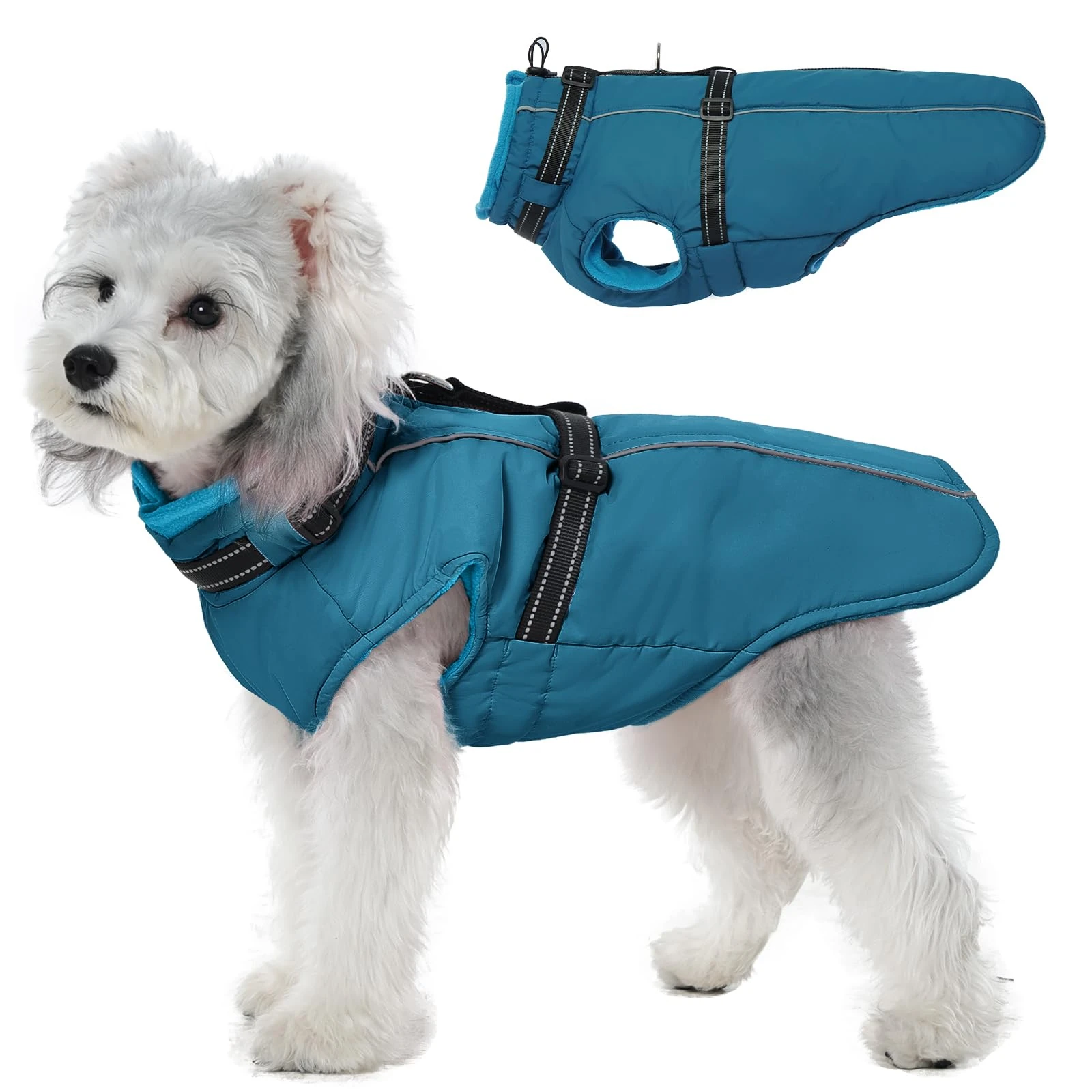 Lelepet Small Dog Coat With Harness - Warm Waterproof Fleece Jacket, Winter Reflective Vest Snow Suit for Chihuahua, Maltese - Blue XS