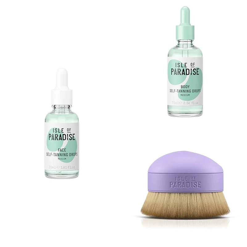 Isle of Paradise Self Tanning Face Drops Medium (30ml), Body Drops Medium (75ml) + Kabuki Brush Bundle