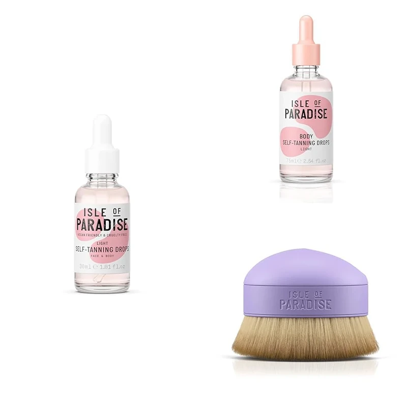 Isle of Paradise Self Tanning Face Drops Light (30ml), Body Drops Light (75ml) + Kabuki Brush Bundle