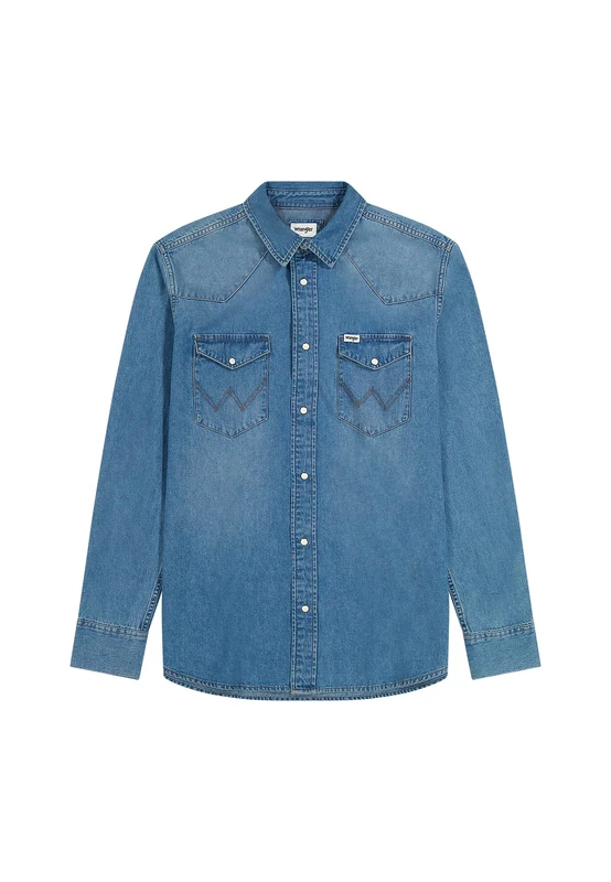 Wrangler Men's Western Shirt, Mid Light Wash, S