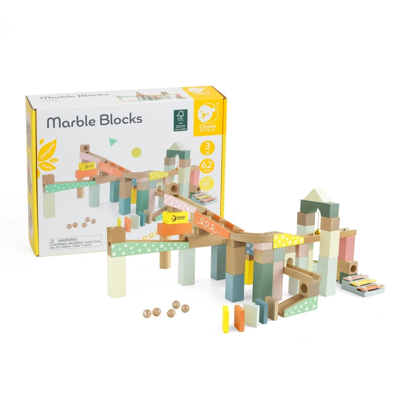 Classic World Wooden Marble Track Construction Set – 62‑Piece Build‑Your‑Own Marble Run with Ramps, Blocks & Tracks – STEM Learning Toy for Creativity, Problem‑Solving & Fine Motor Skills