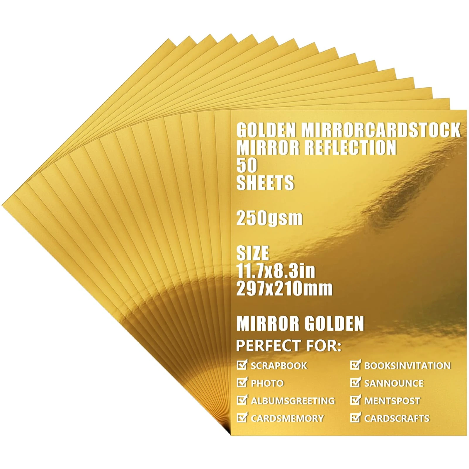 ASelected 50 Sheets Gold Mirror Card A4 250gsm/92Ib Metallic for Arts and Crafts, Mirror Foil Activity, DIY Projects Wedding Birthday Party Decoration