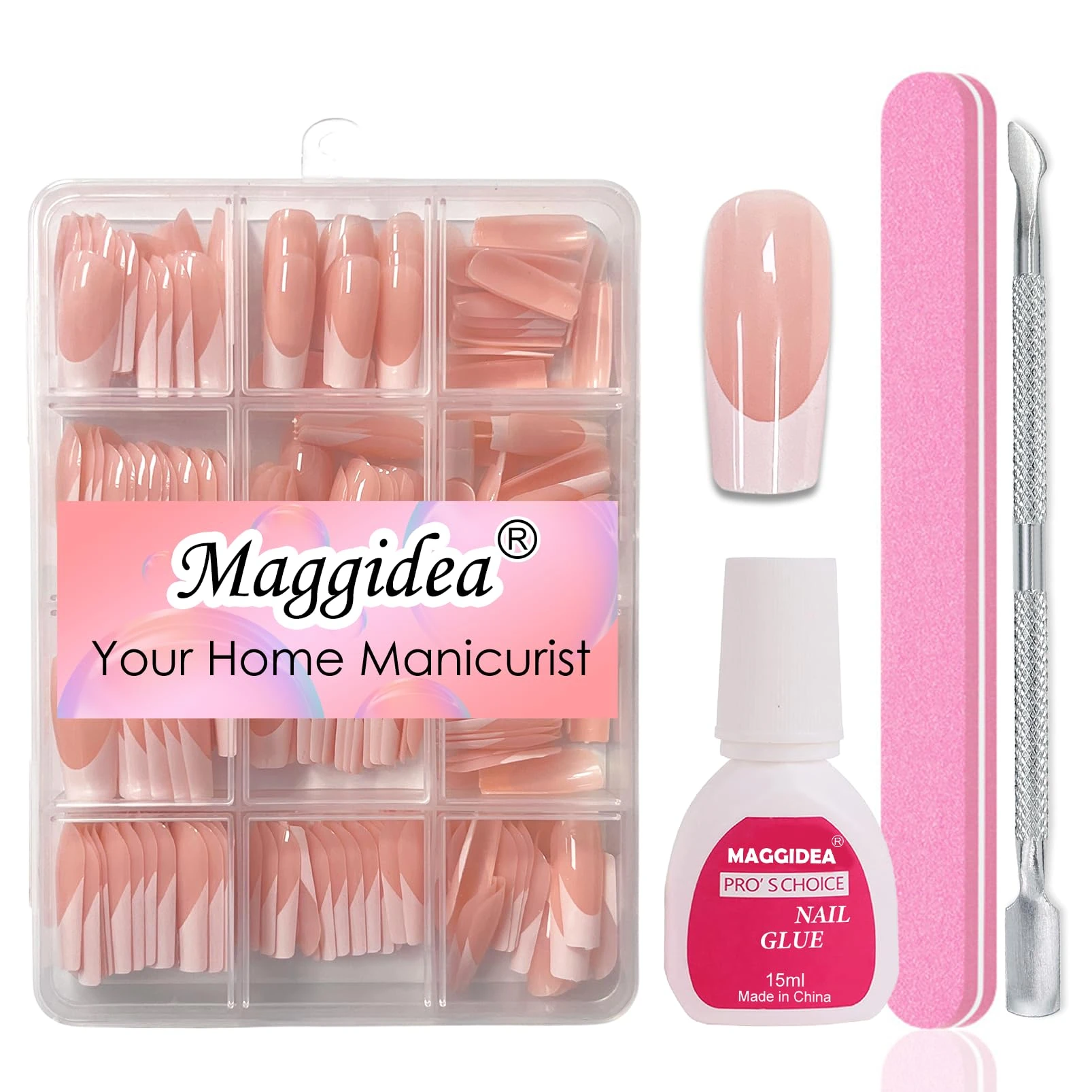 Maggidea False Nails Kit, 240 Pcs French Tip Square Press on Nails, Fake Nails Nude Base Glossy Full Cover Glue on Nails Art Manicure for Women (Medium Long Square- Nude Base)
