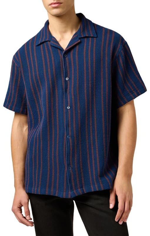 Wrangler Men's Ss Resort Shirt, Navy Stripe, XL