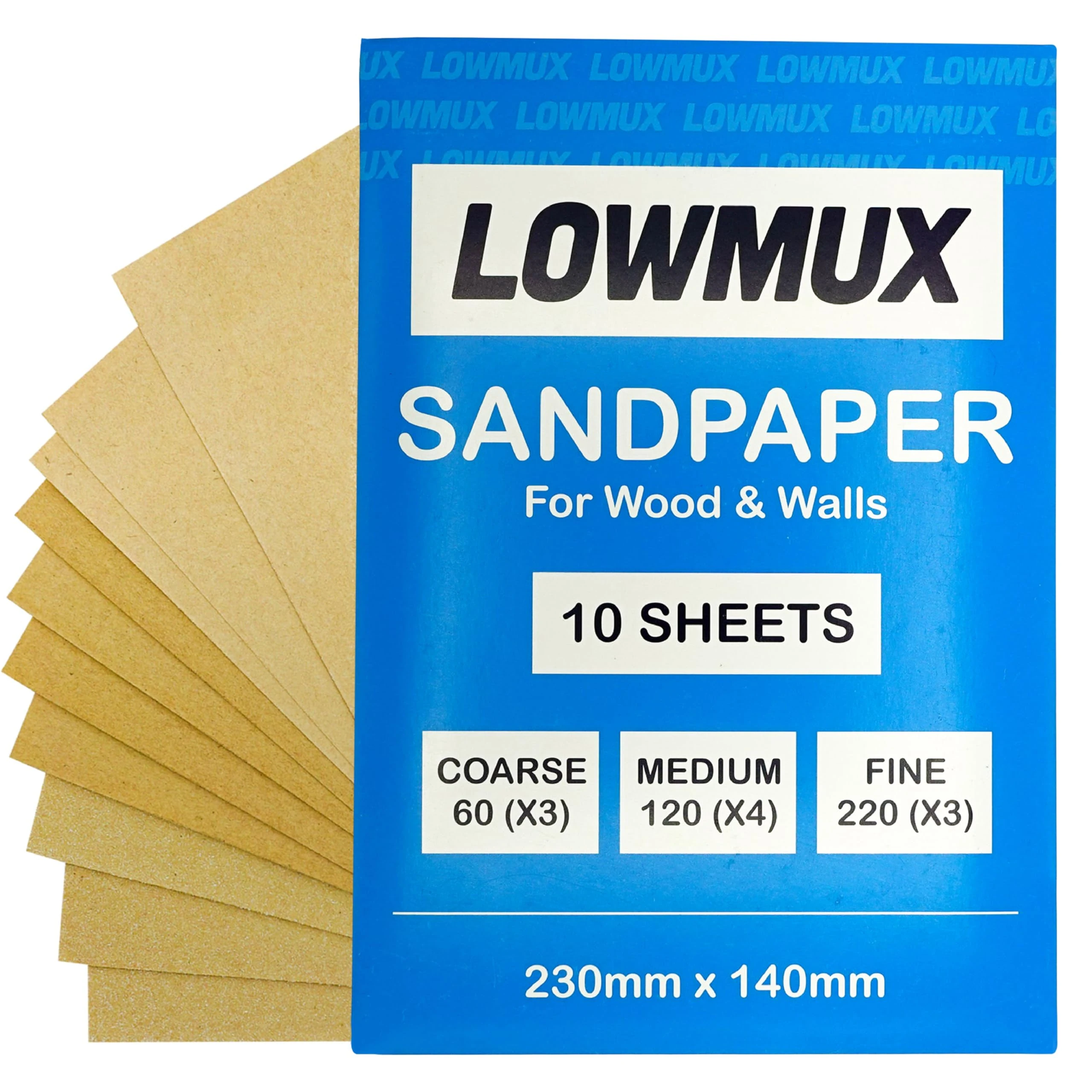 Pack of 10 Premium Sandpaper Sheets – Mixed Grit Sand Paper Set (3 × P60 Coarse, 4 × P120 Medium, 3 × P220 Fine) for Wood, Walls & DIY Projects
