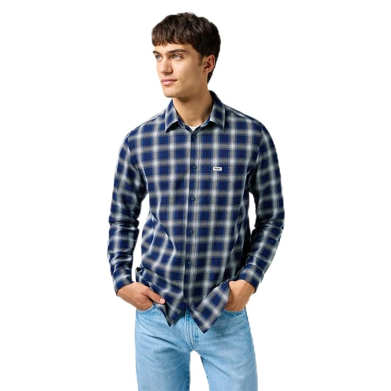 Wrangler Men's 1 Pkt Shirt, Indigo Plaid, L